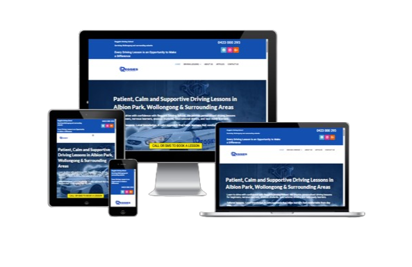Wollongong driving lessons website for Reggie's Driving School, shown on desktop, tablet and mobile devices